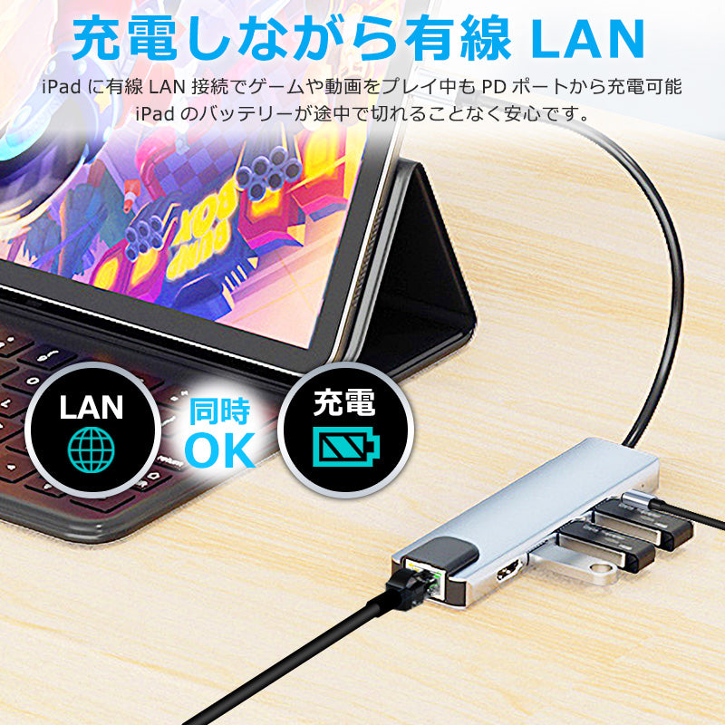6in1 USB Type-C ハブ 4K HDMI USB3.0 PD対応 LAN 1Gbps ポート BYL-2007u3