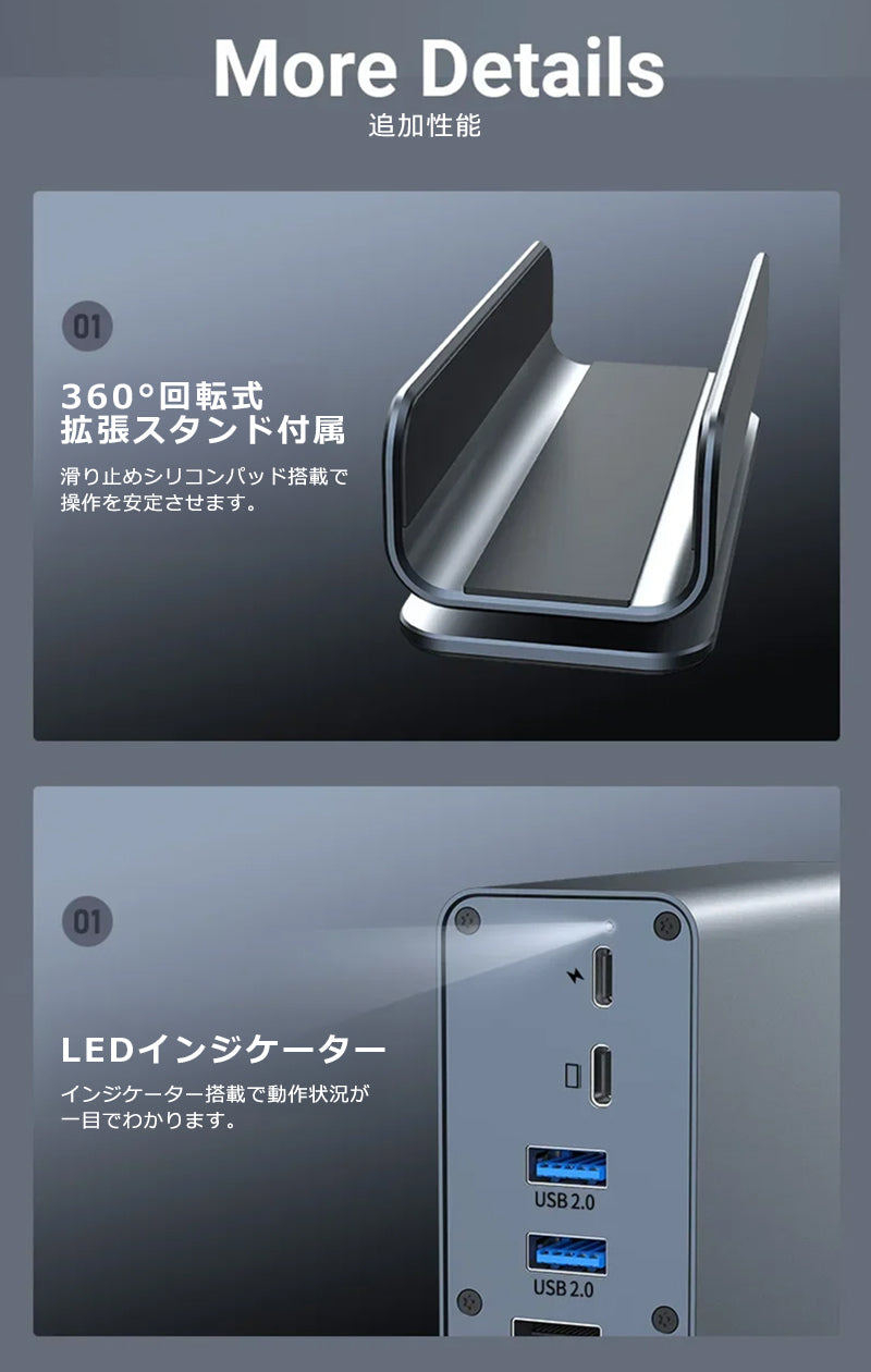 USB C ハブ 15ポート ドッキングステーション 縦置き 横置き 回転スタンド 4K HDMI DP DisplayPort ディスプレイポート LAN USB3.2 PD充電 対応 hub 高解像度 USBハブ 変換 USB-C 3画面同時出力 スマホ 充電 有線LAN SD microSD カードリーダー MacBook iPad ノートPC