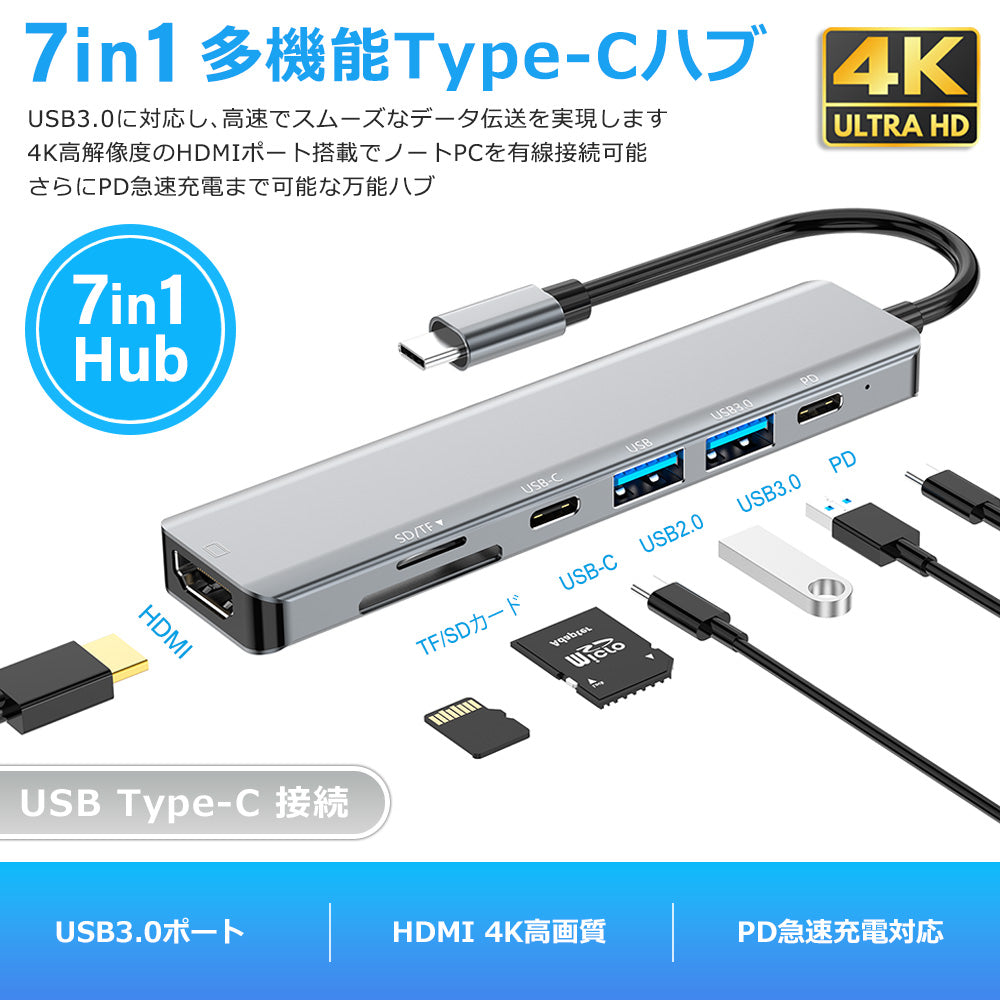 7in1 USB Type-C ハブ 4K HDMI USB3.0 PD充電対応 SD/microSD カードリーダー YG2121