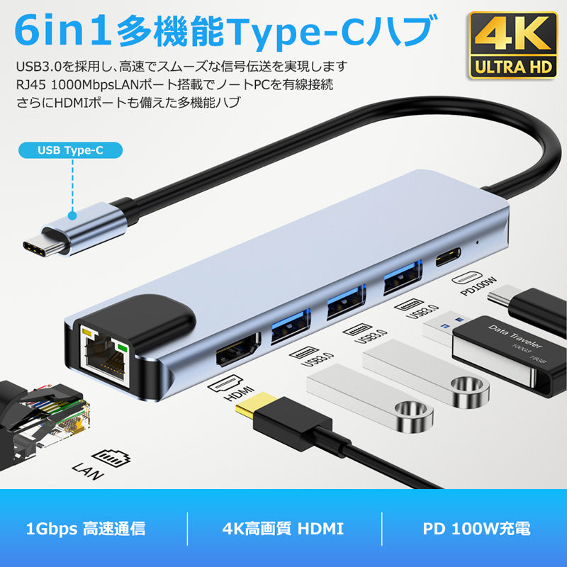 6in1 USB Type-C ハブ 4K HDMI USB3.0 PD対応 LAN 1Gbps ポート BYL-2007u3