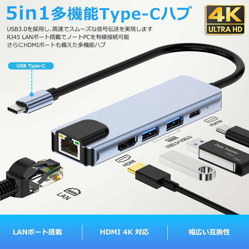 5in1 USB Type-C ハブ 4K HDMI USB3.0 PD対応 LAN ポート BYL-2007