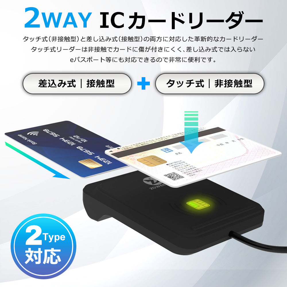 ICカードリーダーライタ 非接触式 接触式 両方対応 マイナンバーカード 電子車検証 確定申告 e-Tax 対応