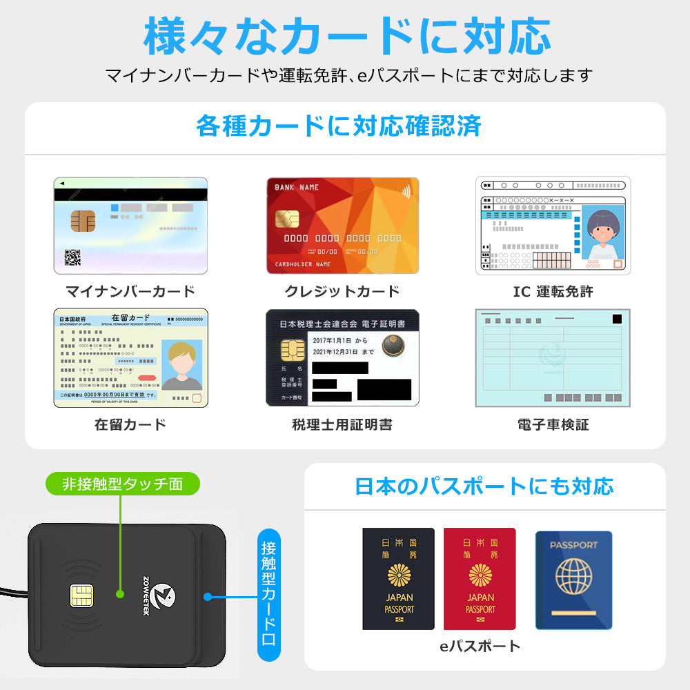 ICカードリーダーライタ 非接触式 接触式 両方対応 マイナンバーカード 電子車検証 確定申告 e-Tax 対応