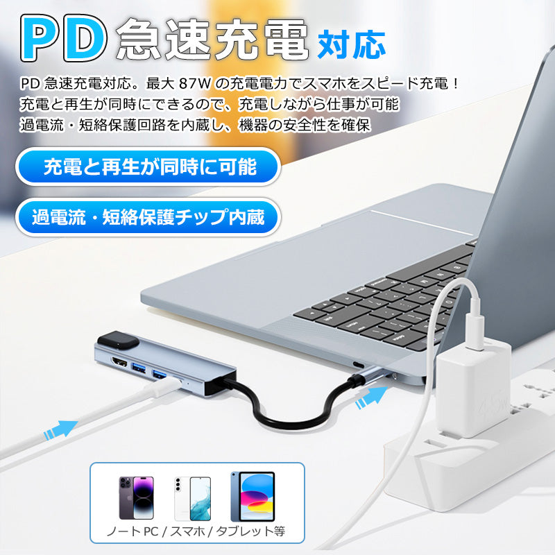 5in1 USB Type-C ハブ 4K HDMI USB3.0 PD対応 LAN ポート BYL-2007