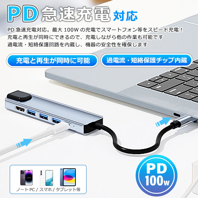 6in1 USB Type-C ハブ 4K HDMI USB3.0 PD対応 LAN 1Gbps ポート BYL-2007u3