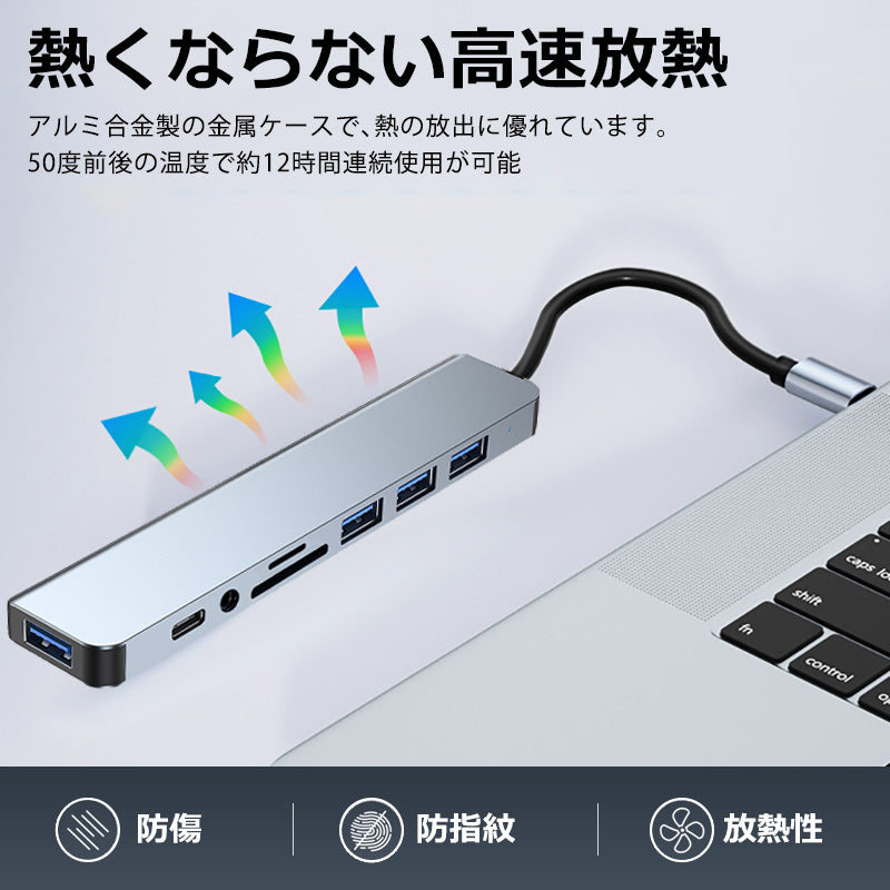 8in1 USB Type-C Type-A 両対応 ハブ SD/microSDカードリーダー USB3.0 対応 BYL-2218tu