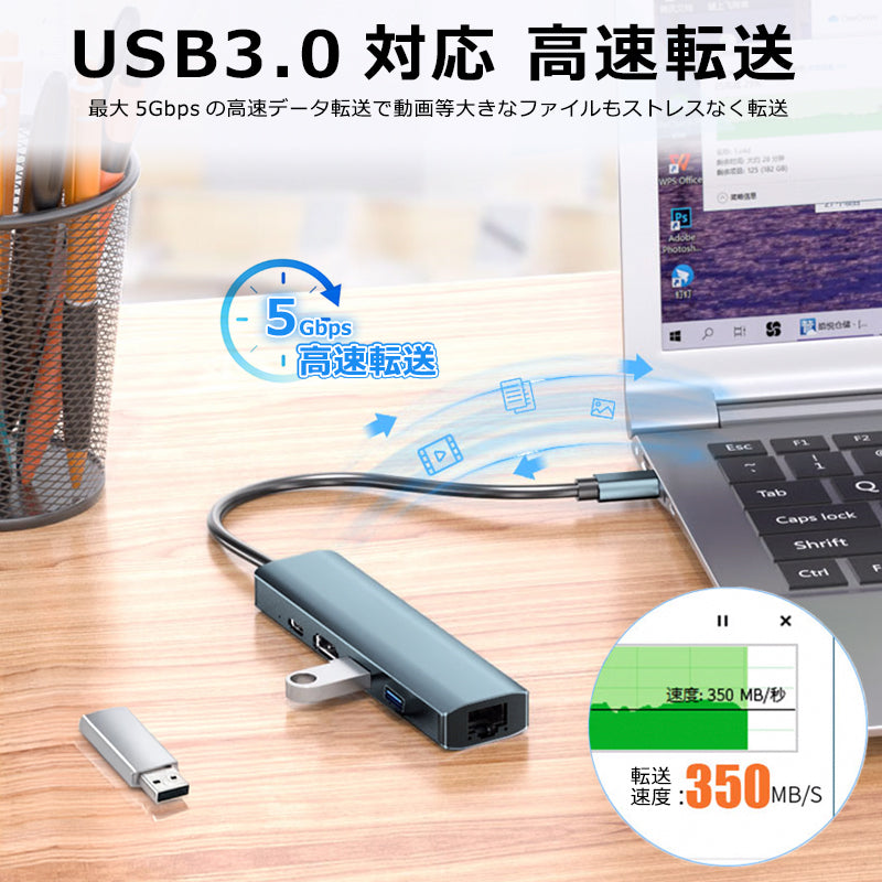 5in1 USB Type-C ハブ 4K HDMI USB3.0 PD対応 LAN ポート BYL-2007