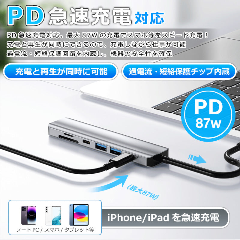 7in1 USB Type-C ハブ 4K HDMI USB3.0 PD充電対応 SD/microSD カードリーダー YG2121