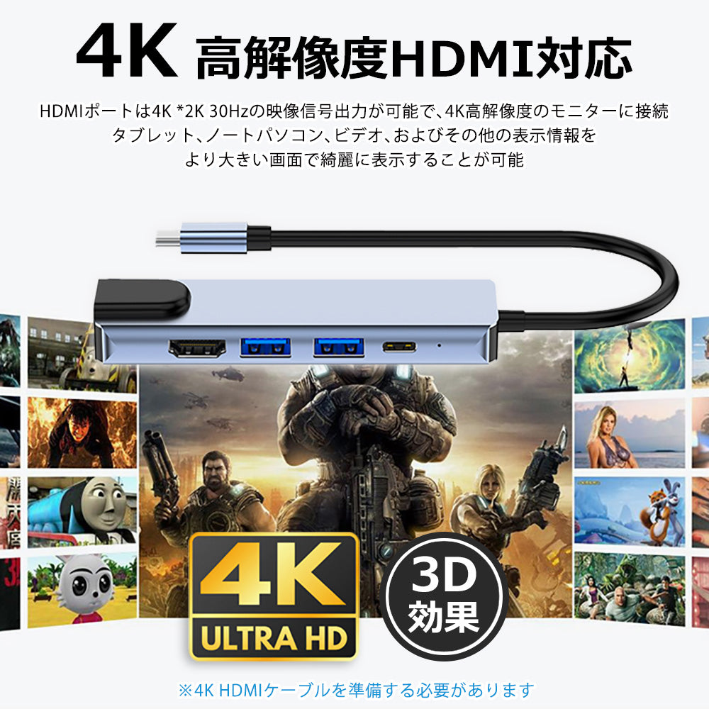 5in1 USB Type-C ハブ 4K HDMI USB3.0 PD対応 LAN ポート BYL-2007