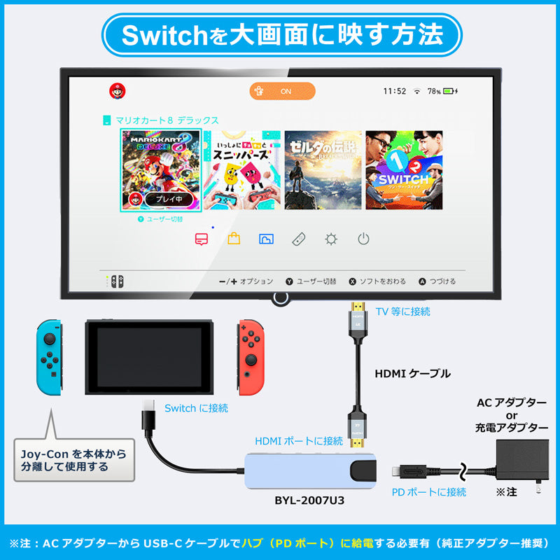 6in1 USB Type-C ハブ 4K HDMI USB3.0 PD対応 LAN 1Gbps ポート BYL-2007u3