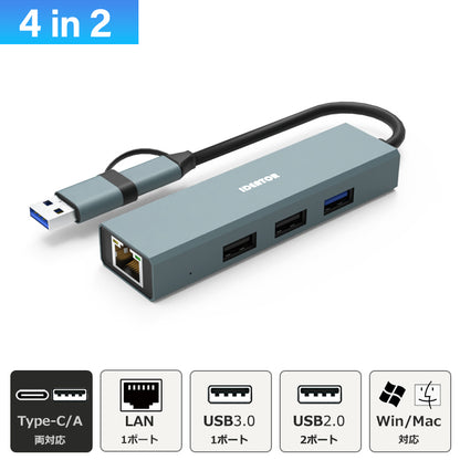 USB Type-C ハブ 4in2 USB3.0 LAN ポート 100Mbps hub USBハブ 変換 USB-C アダプタ 有線LANアダプター スマホ iPhone16 pro max MacBook iPad air Pro Surface Android ノートPC 有線接続 TC415