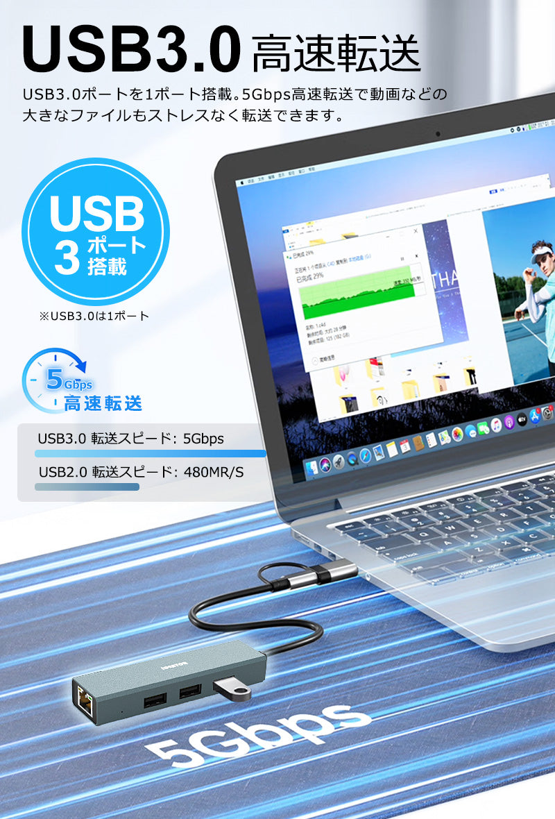 USB Type-C ハブ 4in2 USB3.0 LAN ポート 100Mbps hub USBハブ 変換 USB-C アダプタ 有線LANアダプター スマホ iPhone16 pro max MacBook iPad air Pro Surface Android ノートPC 有線接続 TC415