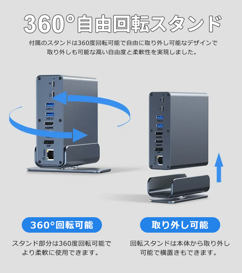 USB C ハブ 15ポート ドッキングステーション 縦置き 横置き 回転スタンド 4K HDMI DP DisplayPort ディスプレイポート LAN USB3.2  PD充電 対応 hub 高解像度 USBハブ 変換 USB-C 3画面同時出力 スマホ 充電 有線LAN SD microSD カードリーダー  MacBook iPad ノートPC