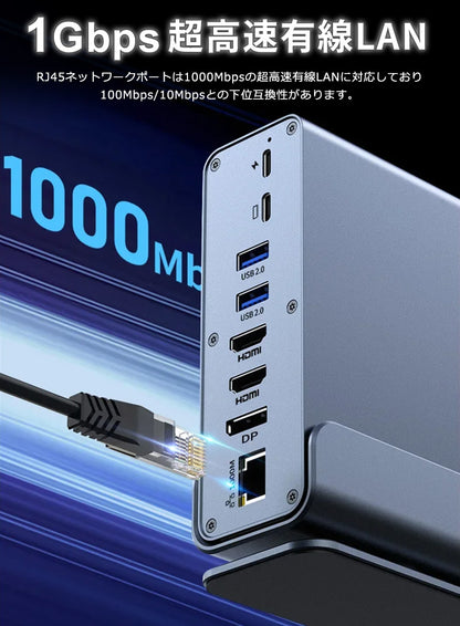 USB C ハブ 15ポート ドッキングステーション 縦置き 横置き 回転スタンド 4K HDMI DP DisplayPort ディスプレイポート LAN USB3.2  PD充電 対応 hub 高解像度 USBハブ 変換 USB-C 3画面同時出力 スマホ 充電 有線LAN SD microSD カードリーダー  MacBook iPad ノートPC