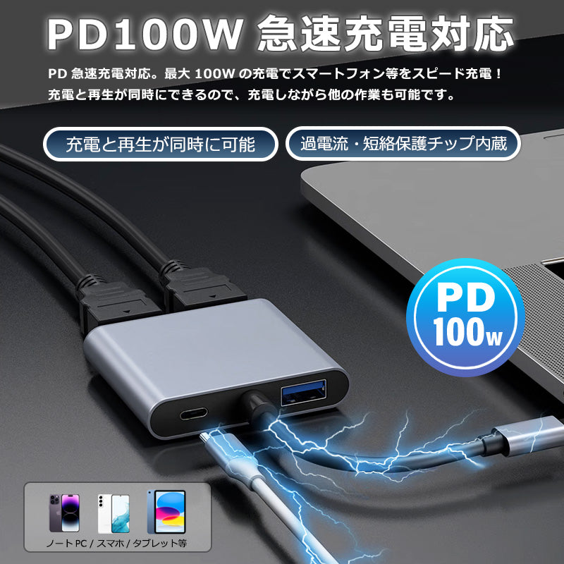 USB C to HDMI 4K x2 変換アダプタ ハブ 4in1 USB3.0 対応 hub 高解像度 タイプC usbから hdmi モニター マルチディスプレイ トリプルディスプレイ PD充電 変換 USB-C ケーブル アダプタ usbハブ スマホ MacBook Pro iphone Android ノートPC