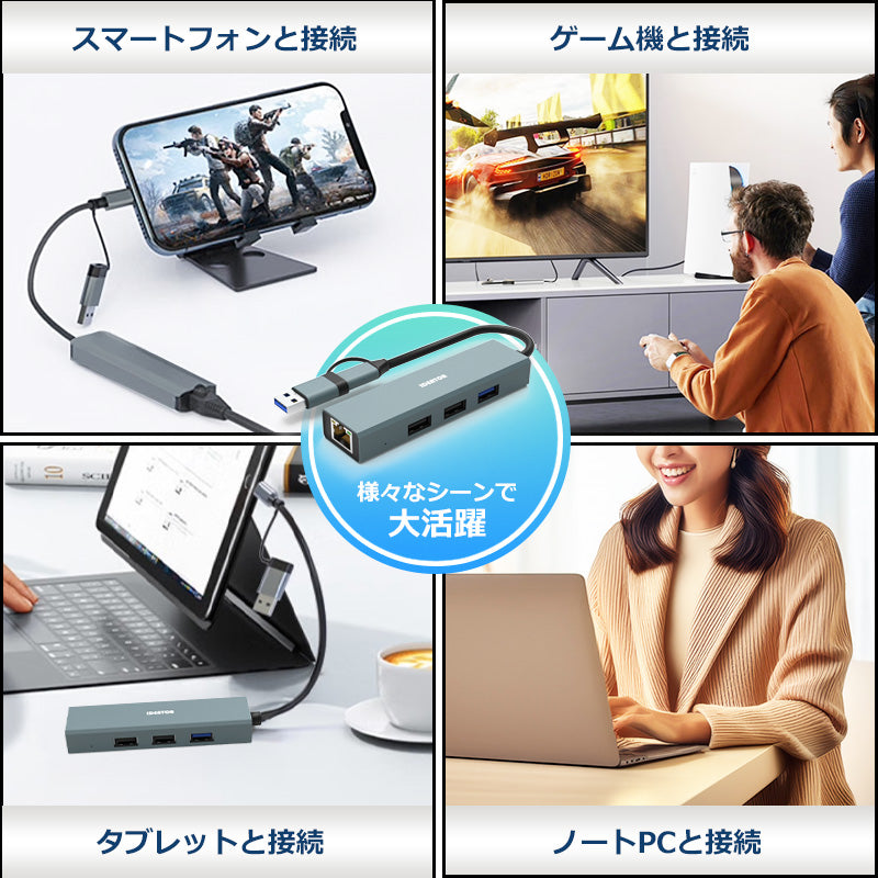USB Type-C ハブ 4in2 USB3.0 LAN ポート 100Mbps hub USBハブ 変換 USB-C アダプタ 有線LANアダプター スマホ iPhone16 pro max MacBook iPad air Pro Surface Android ノートPC 有線接続 TC415