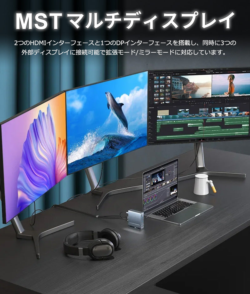 USB C ハブ 15ポート ドッキングステーション 縦置き 横置き 回転スタンド 4K HDMI DP DisplayPort ディスプレイポート LAN USB3.2  PD充電 対応 hub 高解像度 USBハブ 変換 USB-C 3画面同時出力 スマホ 充電 有線LAN SD microSD カードリーダー  MacBook iPad ノートPC