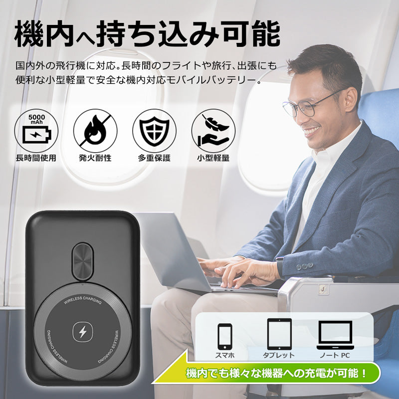 燃えない モバイルバッテリー 準固体 5000mAh SSPB 安全 4倍長寿命 大容量 小型 軽量 マグネット式 USB-A/Cポート 急速充電 LED残量表示  ワイヤレス充電器 スマホ充電器 iPhone Android 全機種対応 PSE認証 旅行 出張