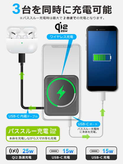 燃えない 準固体モバイルバッテリー  Qi2 25w MagSafe対応 10000mAh