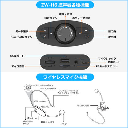 ZOWEETEK ハンズフリー Bluetooth ワイヤレス 拡声器 ワイヤレスマイク/ACアダプタ付属 ZW-H6