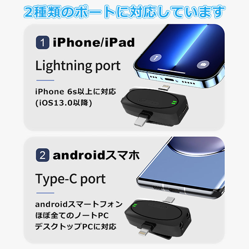 ワイヤレスマイク ピンマイク ラべリアマイク 2人同時 2個セット type-c lightning 3.5mm 無線マイク ライブ配信 動画配信 インタビュー 会議 youtuber tiktok 録音 ノイズキャンセリング 低遅延 高音質 スマホ iphone android ipad 小型 軽量 動画 ハンズフリー
