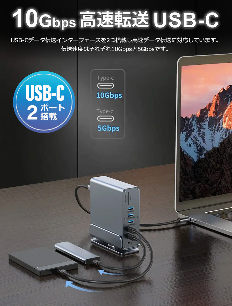USB C ハブ 15ポート ドッキングステーション 縦置き 横置き 回転スタンド 4K HDMI DP DisplayPort ディスプレイポート LAN USB3.2  PD充電 対応 hub 高解像度 USBハブ 変換 USB-C 3画面同時出力 スマホ 充電 有線LAN SD microSD カードリーダー  MacBook iPad ノートPC