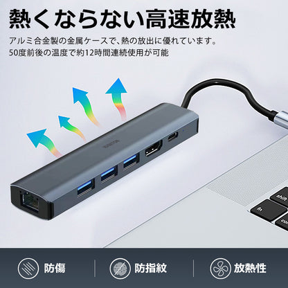 6in1 USB Type-C ハブ 4K HDMI USB3.0 PD対応 LAN 1Gbps ポート BYL-2007u3