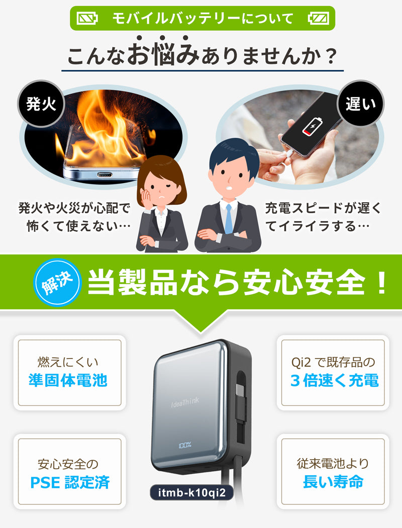 燃えない 準固体モバイルバッテリー  Qi2 25w MagSafe対応 10000mAh