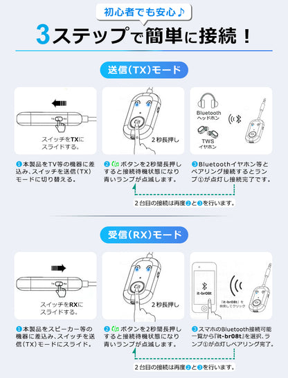 bluetooth オーディオ トランスミッター レシーバー 3.5mm aux ワイヤレス 送受信機 br08t