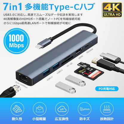 7in1 USB Type-C ハブ 4K HDMI USB3.0 PD対応 RJ45 LAN 1000Mbps 超高速 1Gbps hub SD/microSDカードリーダー BYL-2303
