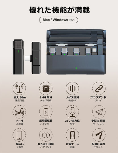 ワイヤレスマイク ピンマイク 4個セット 充電ケース付 type-c/lightning対応 idep33-4p