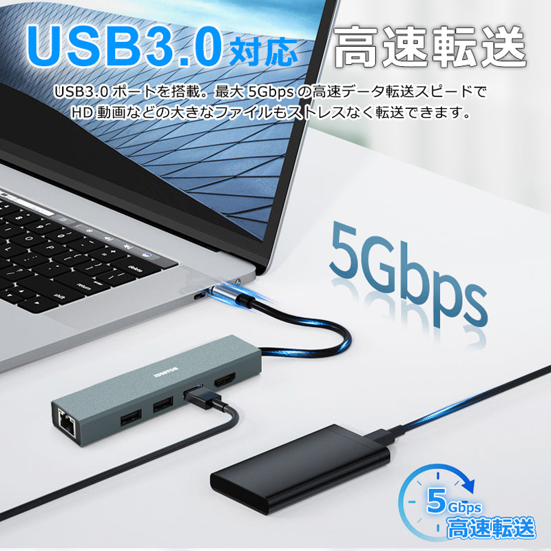 USB Type-C ハブ 6in1 4K HDMI USB3.0 PD100W充電対応  LAN ポート hub 高解像度 USBハブ 変換 USB-C アダプタ 有線LANアダプター スマホ iPhone16 pro max MacBook iPad air Pro Surface Android ノートPC 有線接続 TC618