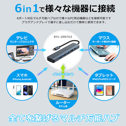 6in1 USB Type-C ハブ 4K HDMI USB3.0 PD対応 LAN 1Gbps ポート BYL-2007u3