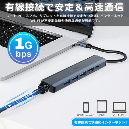 6in1 USB Type-C ハブ 4K HDMI USB3.0 PD対応 LAN 1Gbps ポート BYL-2007u3