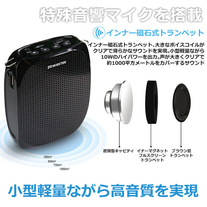 ZOWEETEK ハンズフリーポータブル拡声器 マイク付属 ZW-Z258