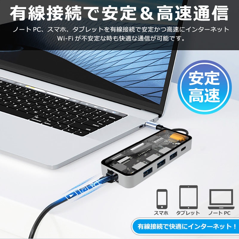 USB C ハブ 8in1 Type-C 透明 Hub USB-C バスパワー 4K HDMI LAN 1000Mb PD充電 100w usb3.0 micro SD カードリーダー MacBook Air ノートPC ipad air pro switch マルチディスプレイ