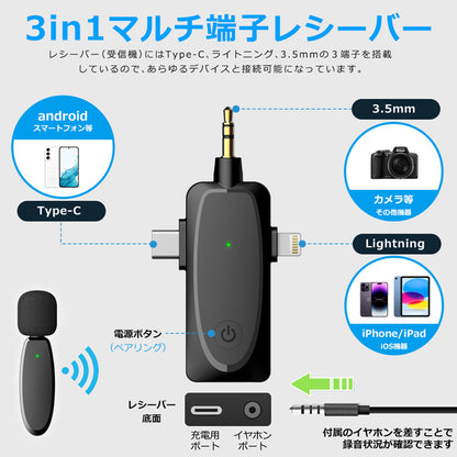 ワイヤレスマイク ピンマイク ラべリアマイク type-c lightning 3.5mm 3端子 無線マイク ライブ配信 動画配信 インタビュー youtuber tiktok 録音 ノイズキャンセリング 低遅延 高音質 スマホ iphone android ipad 小型 軽量 動画 録音 ハンズフリー idap3