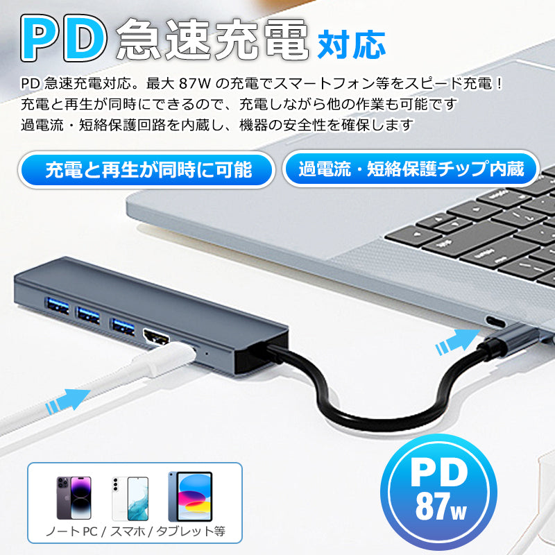 6in1 USB Type-C ハブ 4K HDMI USB3.0 PD対応 LAN 1Gbps ポート BYL-2007u3