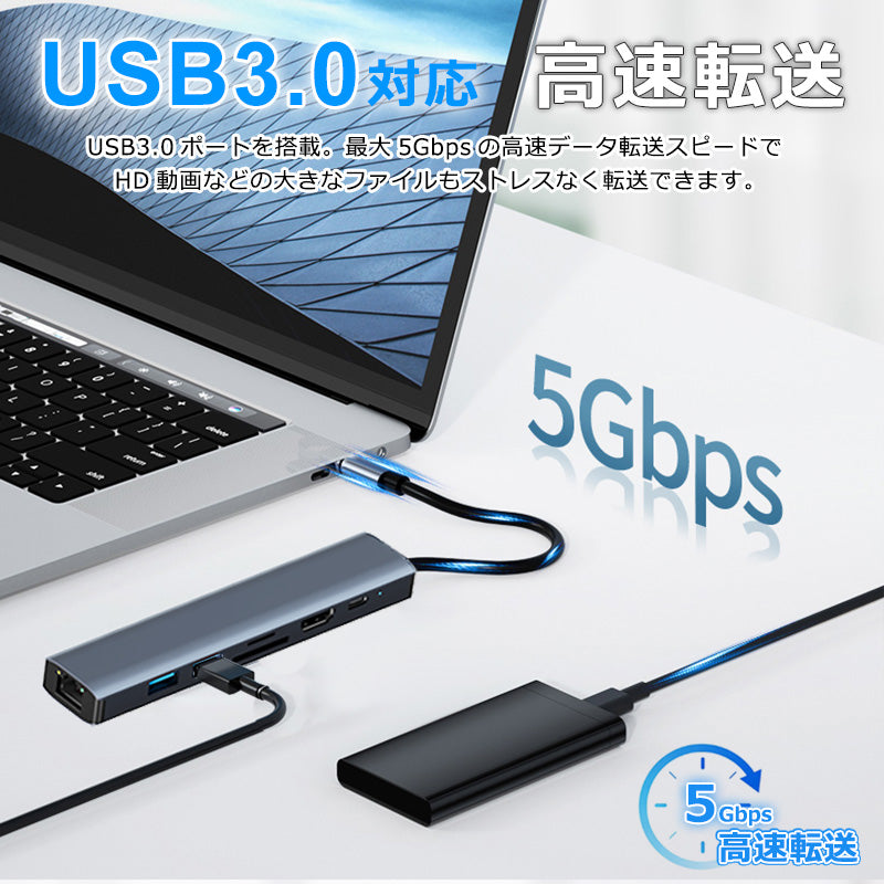 7in1 USB Type-C ハブ 4K HDMI USB3.0 PD対応 RJ45 LAN 1000Mbps 超高速 1Gbps hub SD/microSDカードリーダー BYL-2303