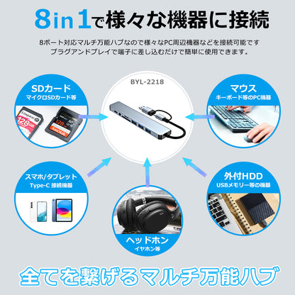 8in1 USB Type-C Type-A 両対応 ハブ SD/microSDカードリーダー USB3.0 対応 BYL-2218tu