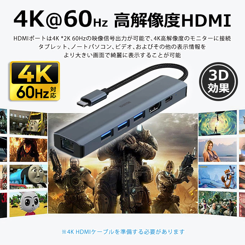 6in1 USB Type-C ハブ 4K HDMI USB3.0 PD対応 LAN 1Gbps ポート BYL-2007u3