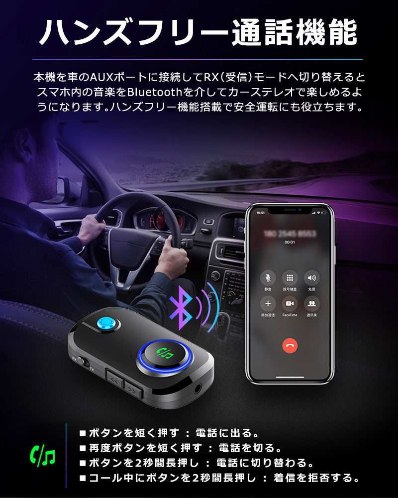 bluetooth オーディオ トランスミッター レシーバー 3.5mm aux ワイヤレス 送受信機 br03t