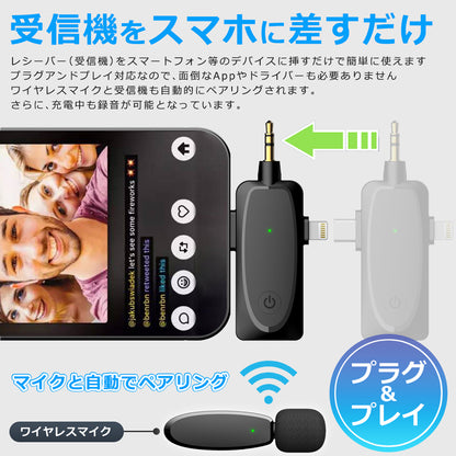ワイヤレスマイク ピンマイク ラべリアマイク type-c lightning 3.5mm 3端子 無線マイク ライブ配信 動画配信 インタビュー youtuber tiktok 録音 ノイズキャンセリング 低遅延 高音質 スマホ iphone android ipad 小型 軽量 動画 録音 ハンズフリー idap3